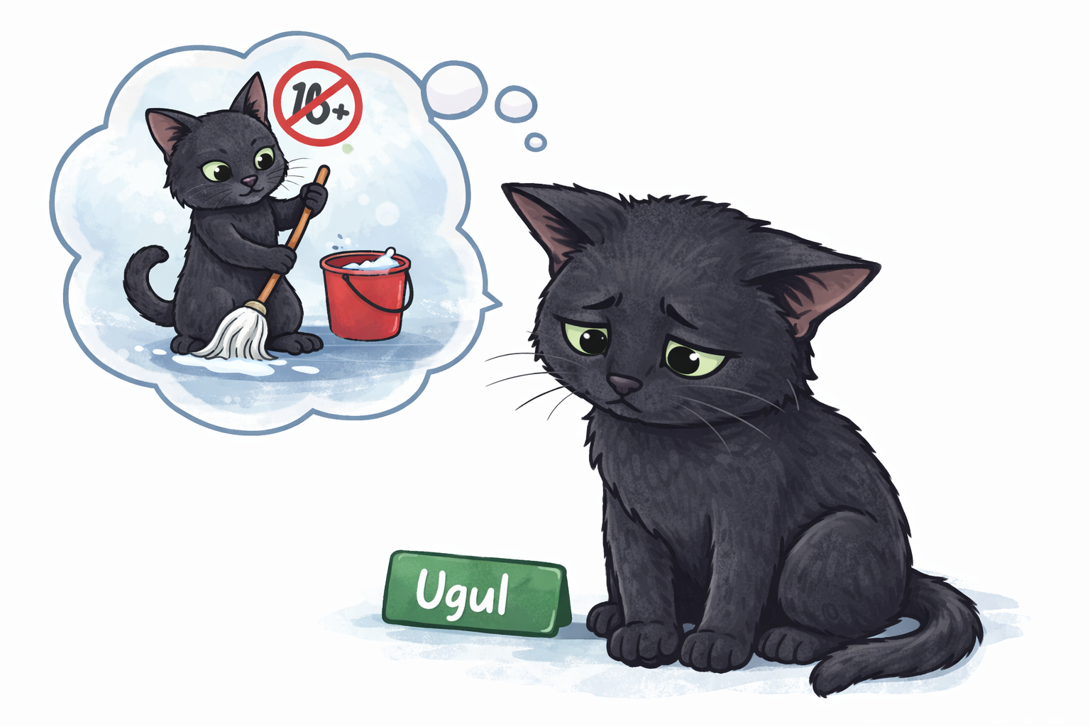 Ugul looking sympathetically at an age-restricted sign